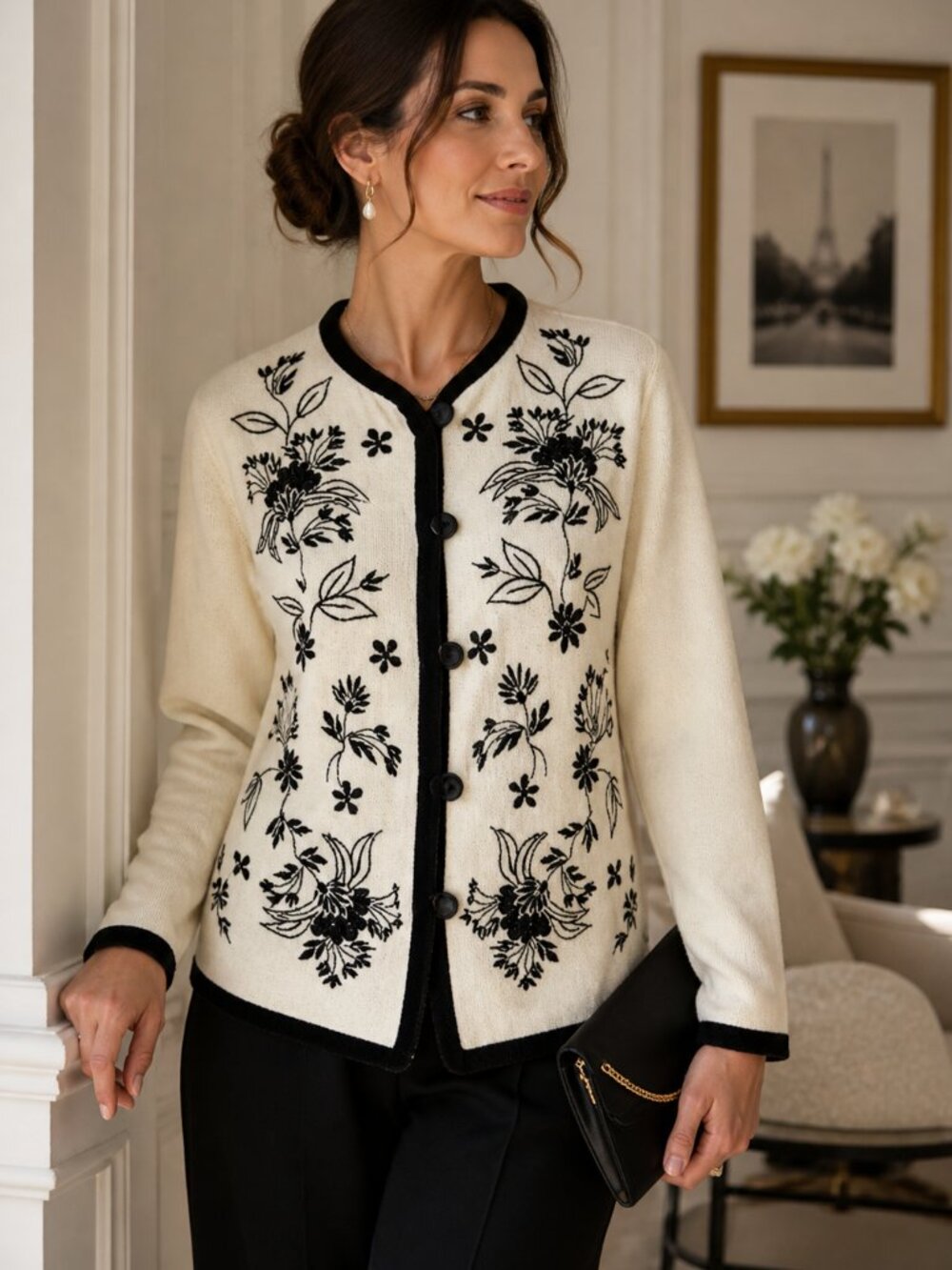 Graff Vintage Embroidered Jacket Floral Cream Black Button Front Evening SZM